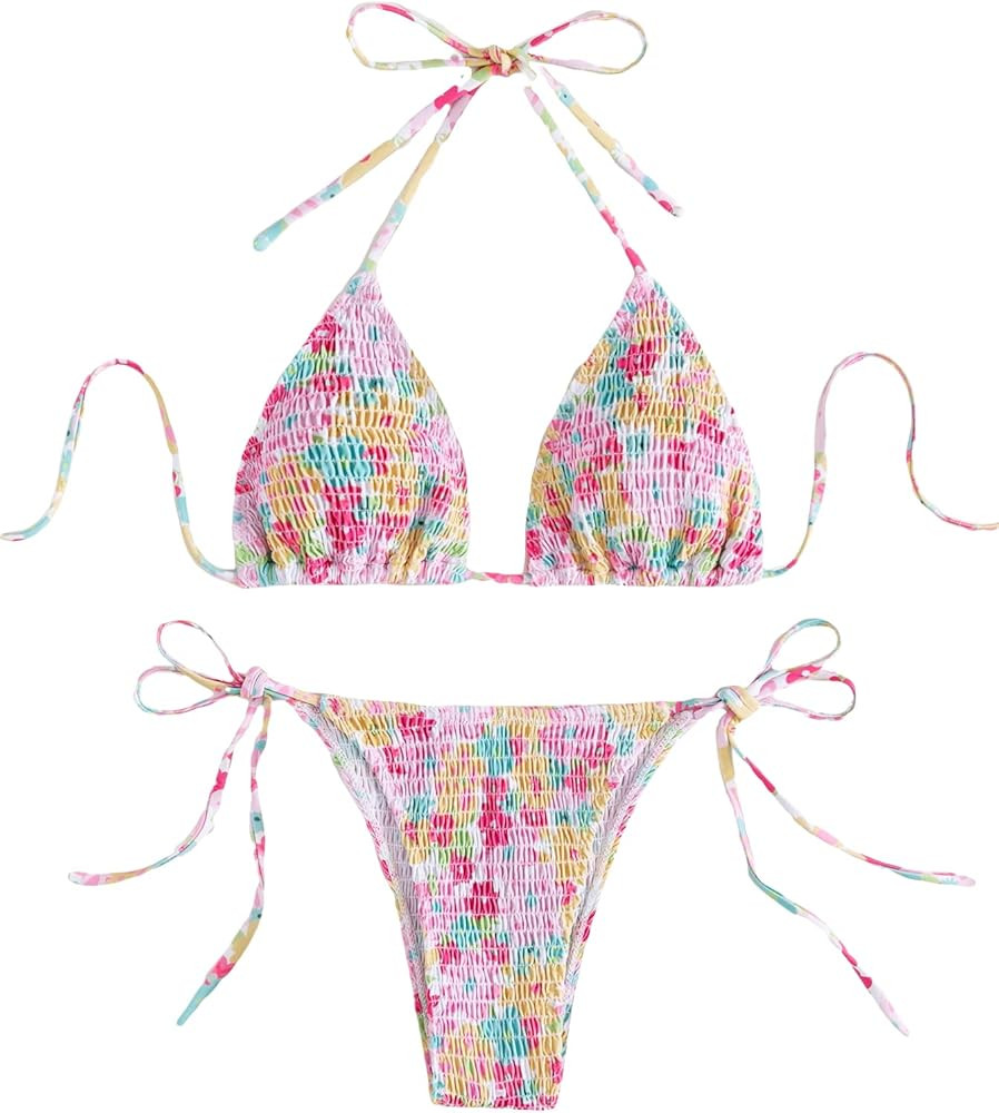 Cozyease Women's 2 Piece Floral Bikini Sets Smocked Drawstring Side Triangle Halter Sexy Cute Swi... | Amazon (US)