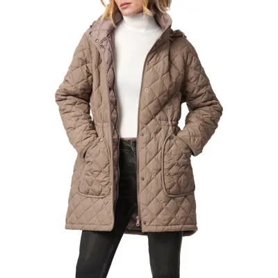 Bernardo Diamond Quilted Hooded Puffer Coat in Dusty Taupe at Nordstrom, Size X-Small | Nordstrom