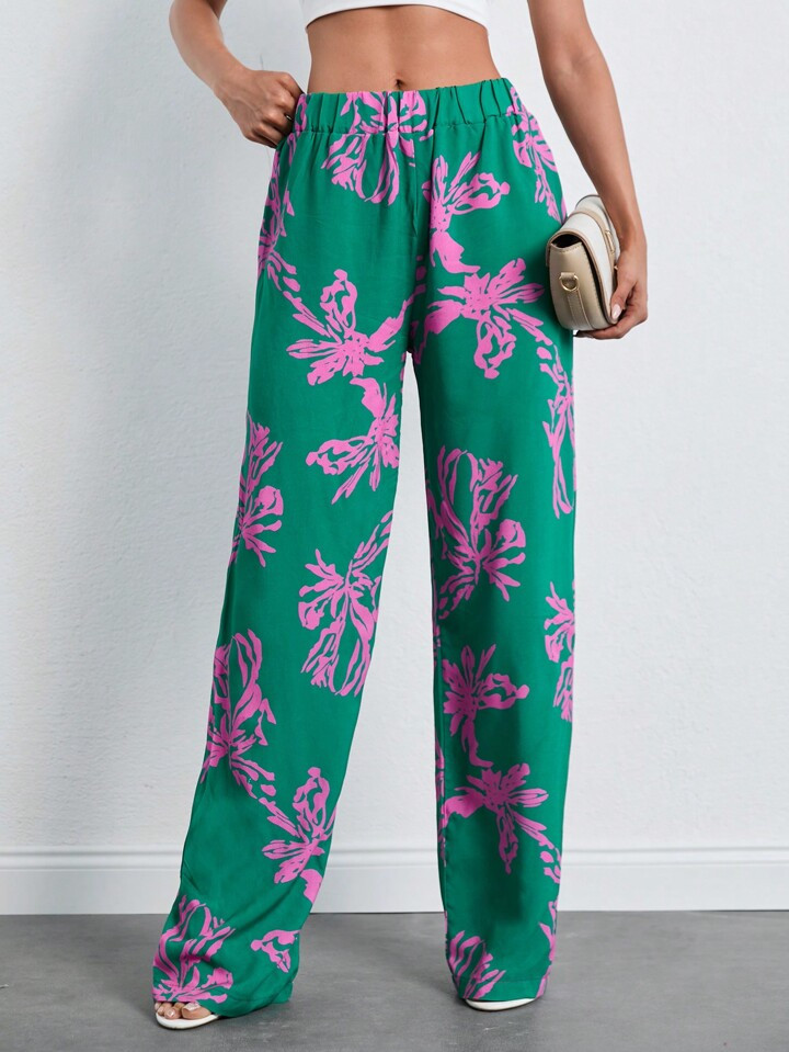 SHEIN Tall Zomerbroek Met Rechte Pijpen, Elastische Taille En Plantenprint | SHEIN
