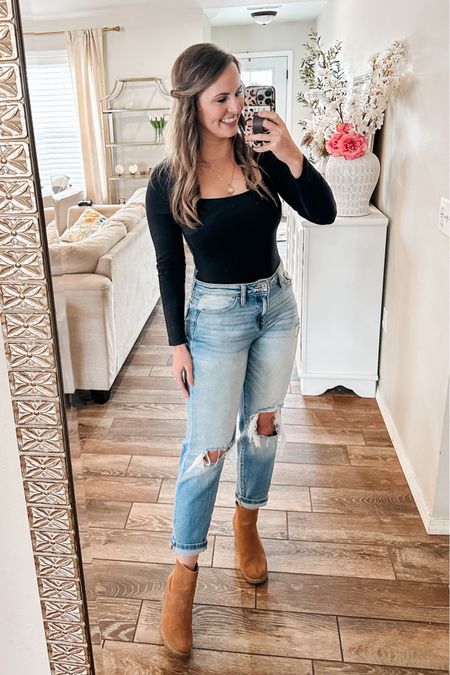 Jean tryon in stories! Love these high waisted distressed denim mom jeans! Use code Dorothy20 for 20% off! Paired with square neck body suit from Amazon & Target boots! 

#LTKunder100 #LTKunder50 #LTKstyletip