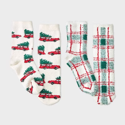 Kids' 2pk Christmas Tree Cars & Plaid Cozy Crew Socks with Gift Card Holder - Wondershop™ White | Target