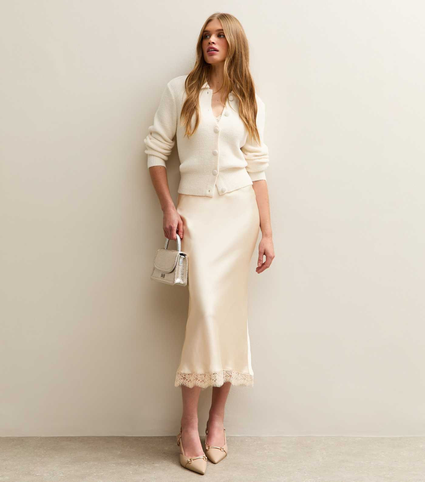 Cream Lace Trim Midi Satin Skirt | New Look | New Look (UK)