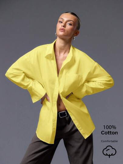 MUSERA Old Money Oversized Button Up Shirt Vacation Everyday Yellow Oversized Tops Airport Back T... | SHEIN