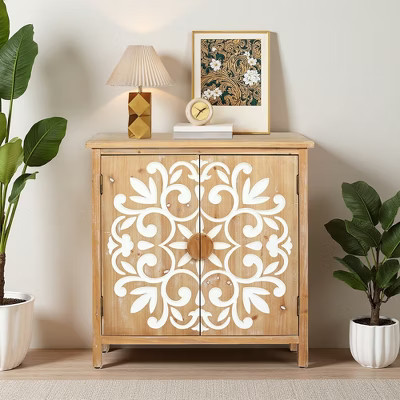 27" Wood Rustic Accent Cabinet with Floral Carved 2 Doors & Ample Storage | Target