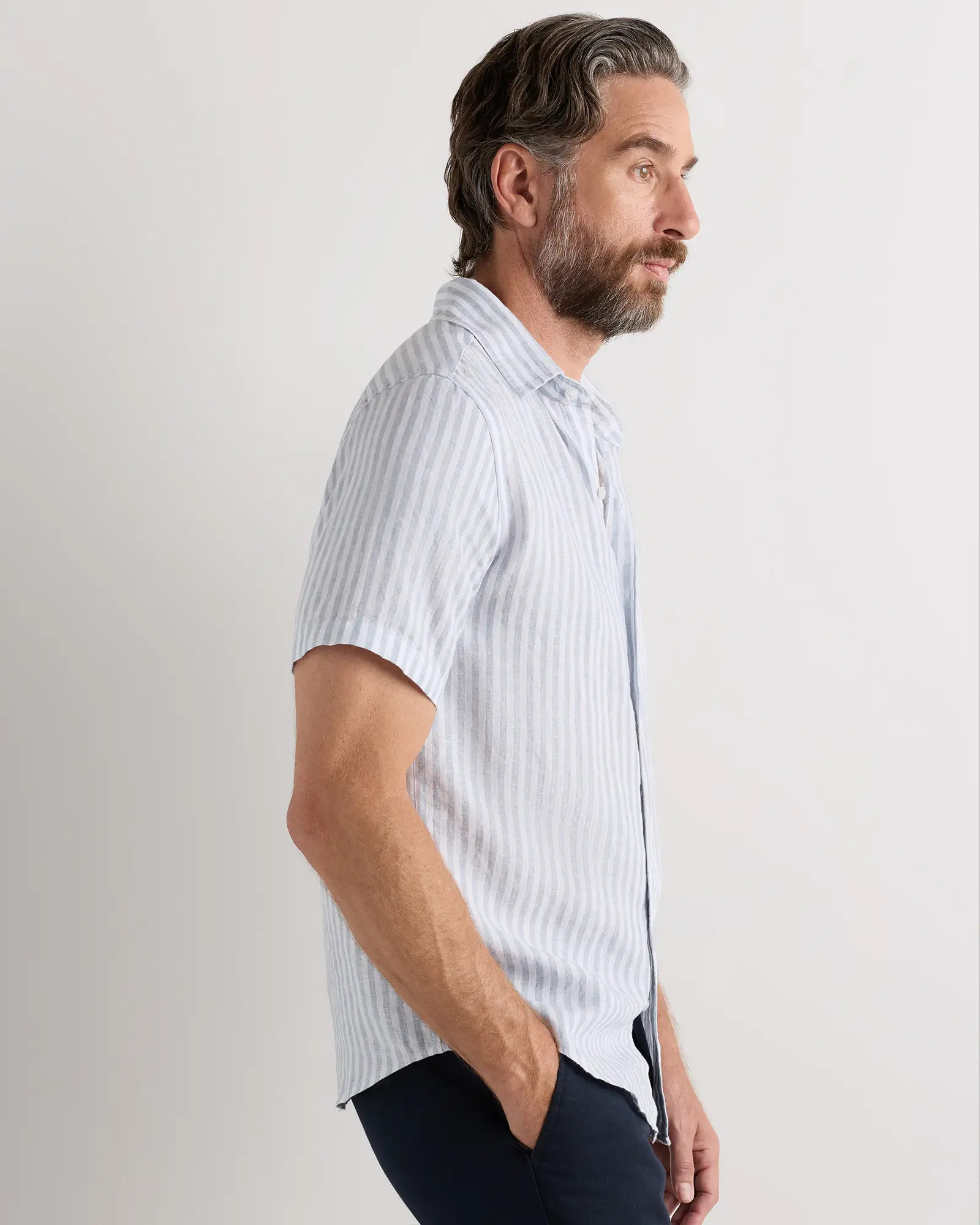 Men's 100% European Linen Short Sleeve Shirt in Sky Blue Mariner Stripe | Quince