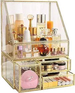 MOOCHI Golden Vintage Glass Cosmetic Makeup Organizer 3 Drawers Set Dust Waterproof Cosmetics Sto... | Amazon (US)