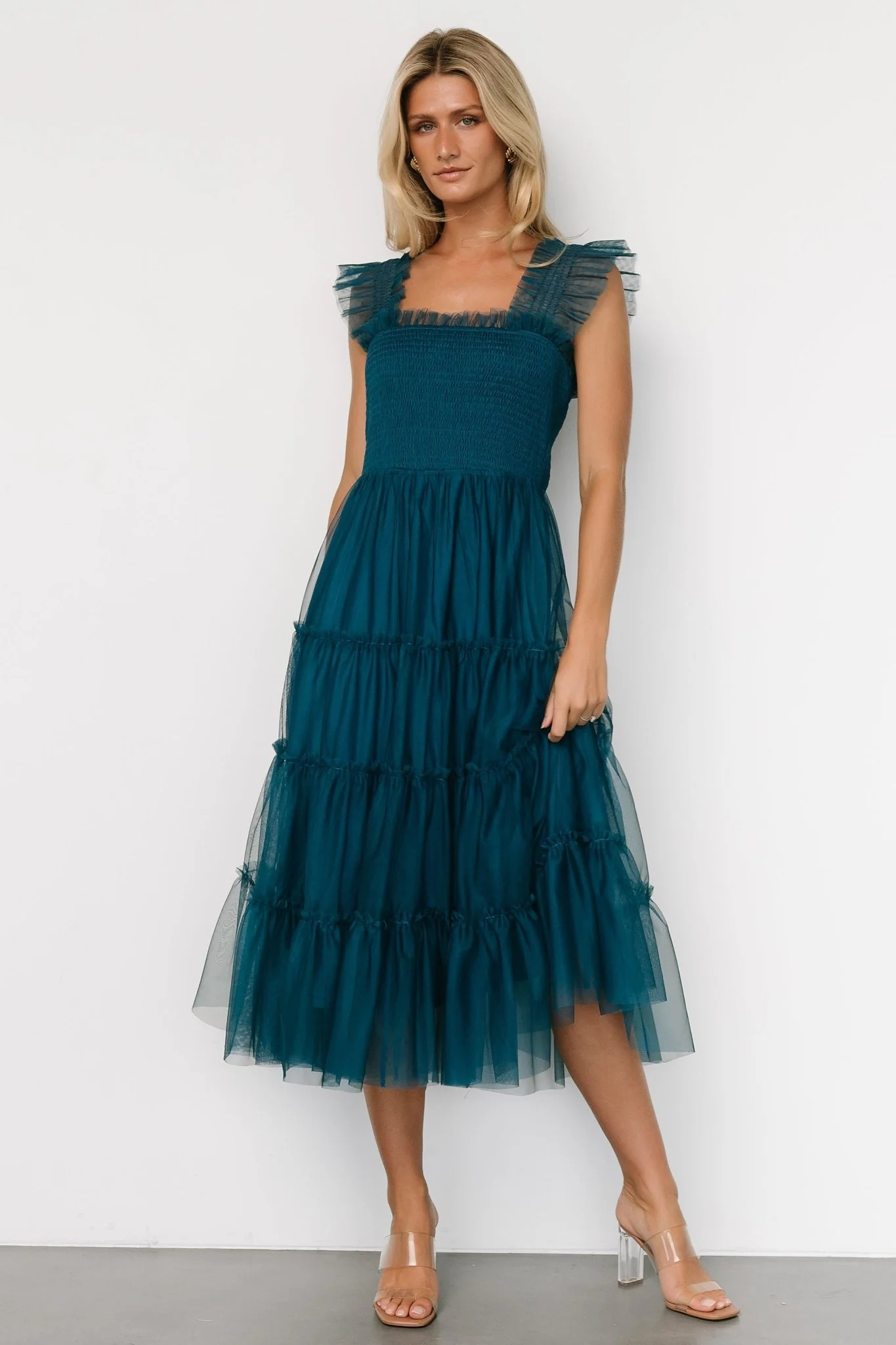Emma Smocked Tulle Midi Dress — Teal | Baltic Born | Baltic Born