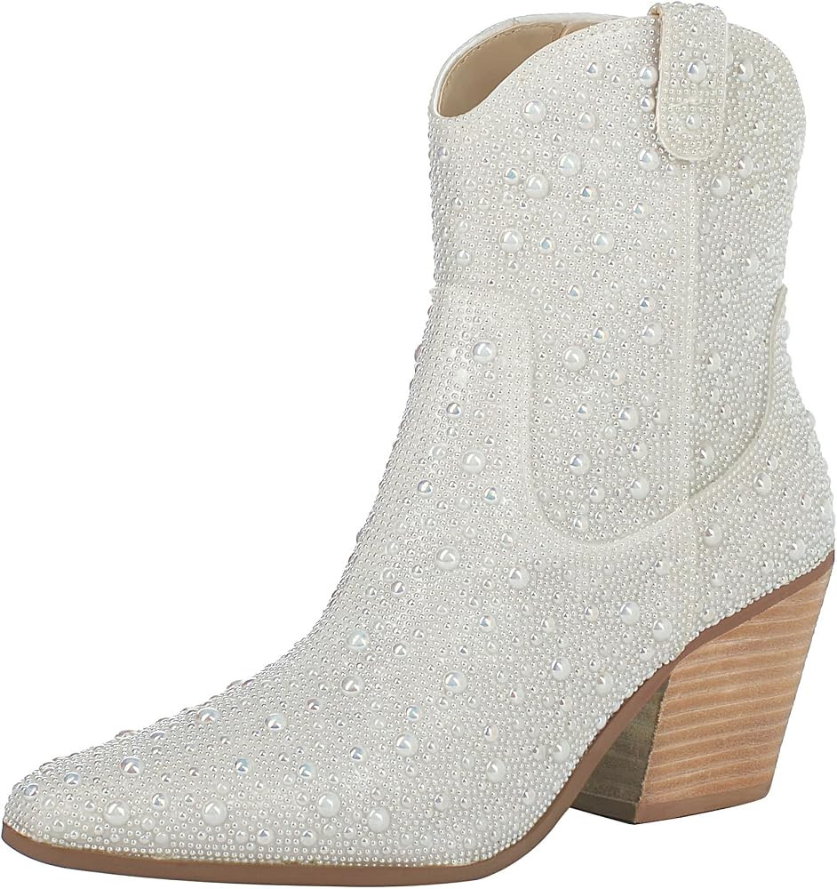 FIFSY Women Rhinestone Cowboy Boots Glitter Chunky Heel Sparkly Cowgirl Ankle Boots | Amazon (US)