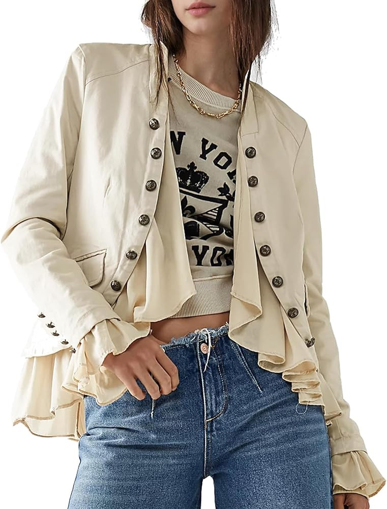 Women Casual Ruffles Jacket High Low Hem Steampunk Blazers Button up Romance Open Front Cotton Ca... | Amazon (US)