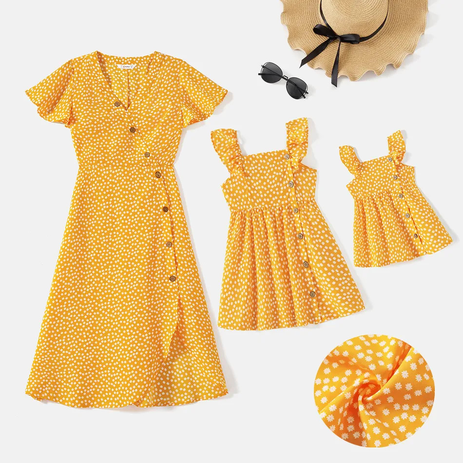 Mommy and Me Allover Print Yellow Ruffle-sleeve Button Front Dresses | PatPat