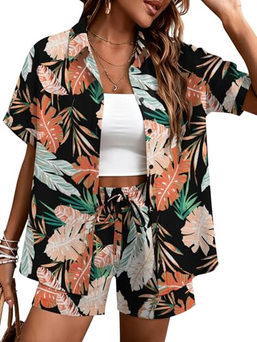 Amazon.com: LOMON 2 Piece Hawaiian Vacation Outfits for Women Tropical Print Short Sleeve Shirts ... | Amazon (US)