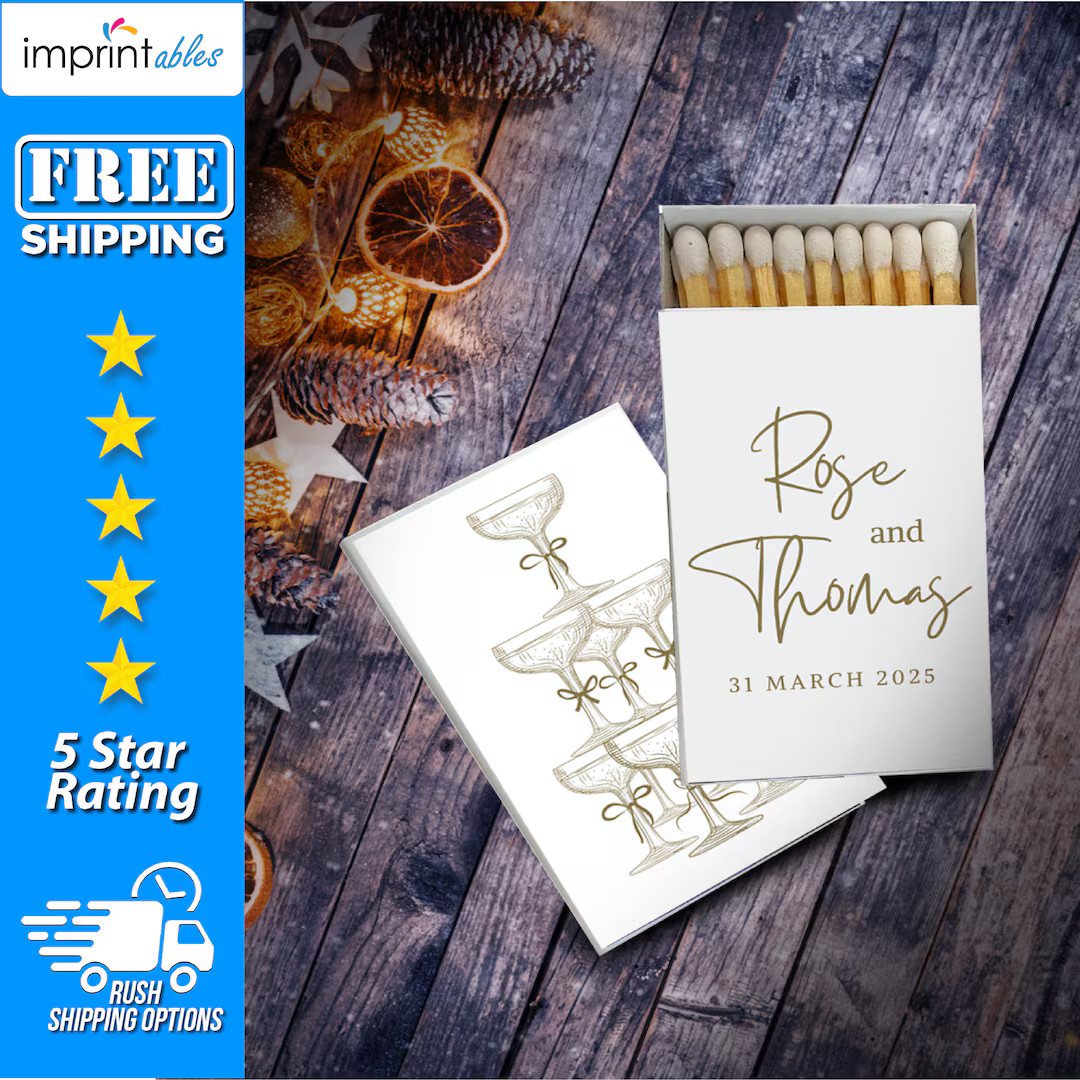 Custom Wedding Matches Box, Personalized Matchboxes, Champagne With Bow Match| Custom Wedding Fav... | Etsy (US)