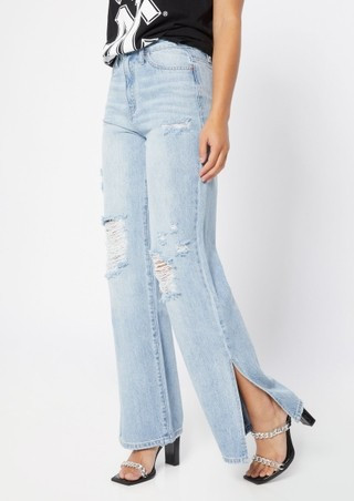 Light Wash High Rise Ripped Knee Side Slit Wide Leg Jeans | rue21