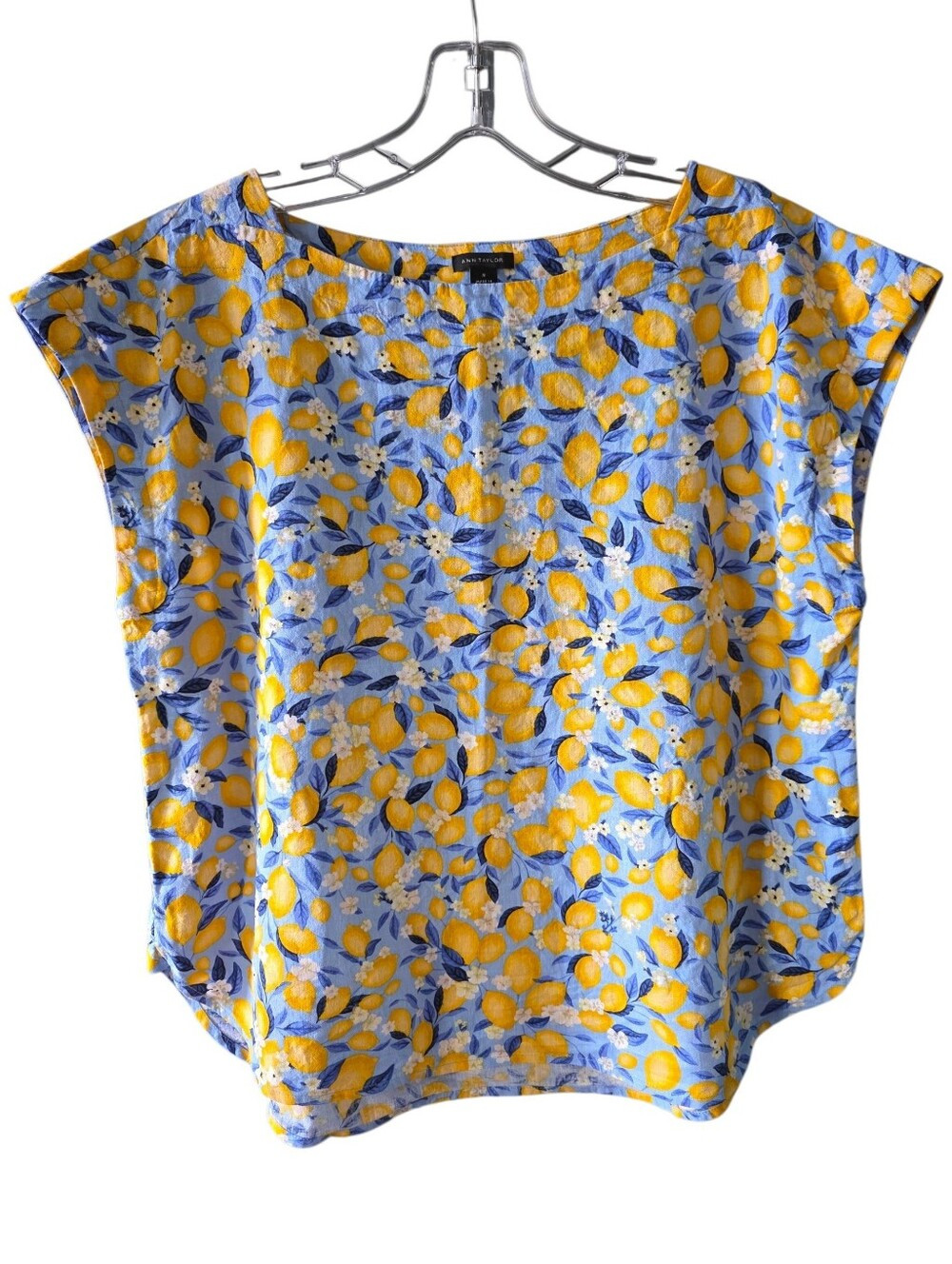 Ann Taylor Linen Blend Lemon Print Blouse in Blue/Yellow Size Medium | Poshmark