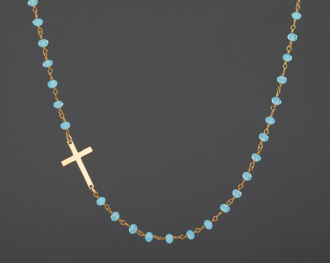 Beaded turquoise and sideways cross necklace,Long Layered beaded stone necklace,custom gemstone b... | Etsy (US)