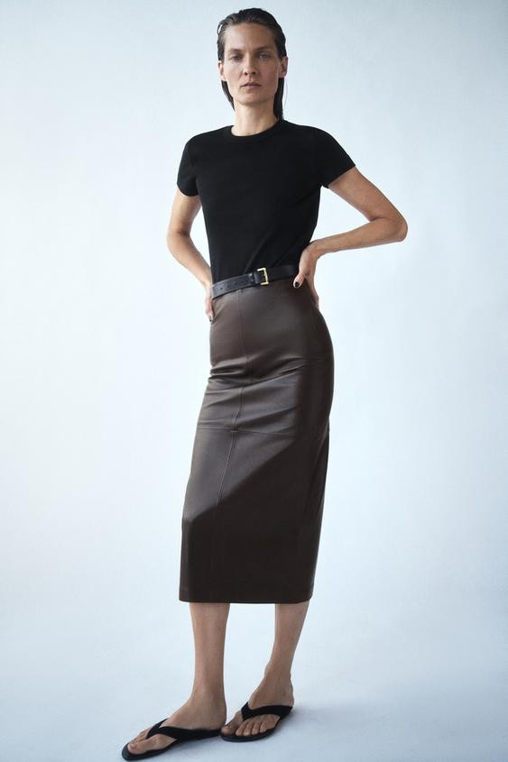 Zara - Zw Collection 100% Leather Midi Skirt - Brown - S - Woman | Zara US