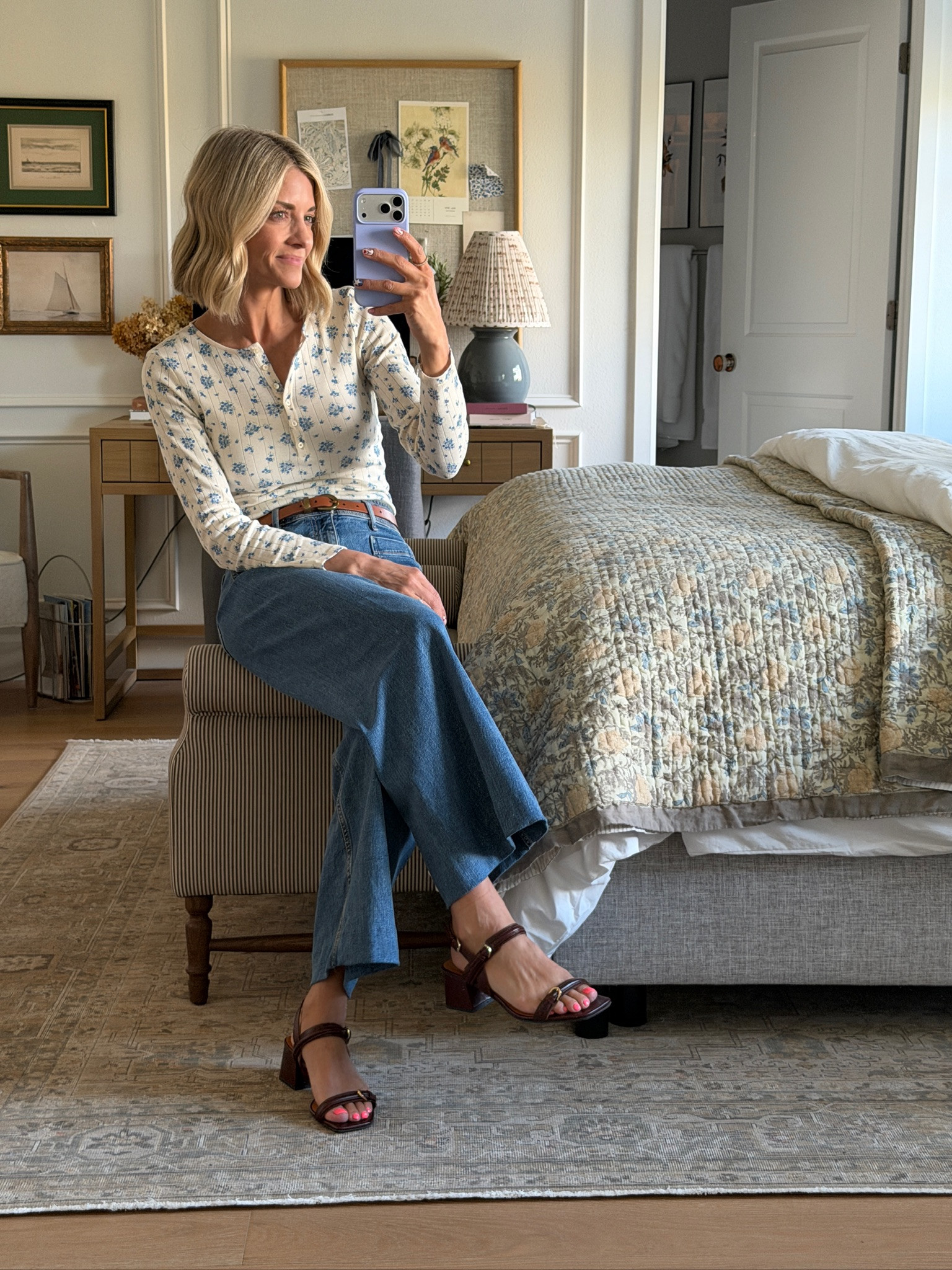 I love this top from Sezane! So comfortable and flattering!

mom outfit, strappy heels, wide leg jeans 

 