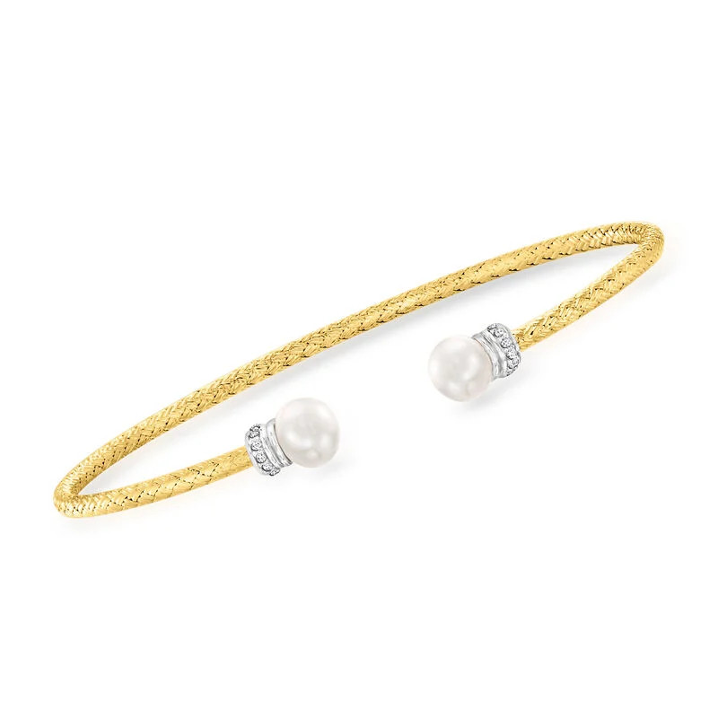 Charles Garnier 6-6.5mm Cultured Pearl Cuff Bracelet with CZs in 18kt Gold Over Sterling and Ster... | Ross-Simons