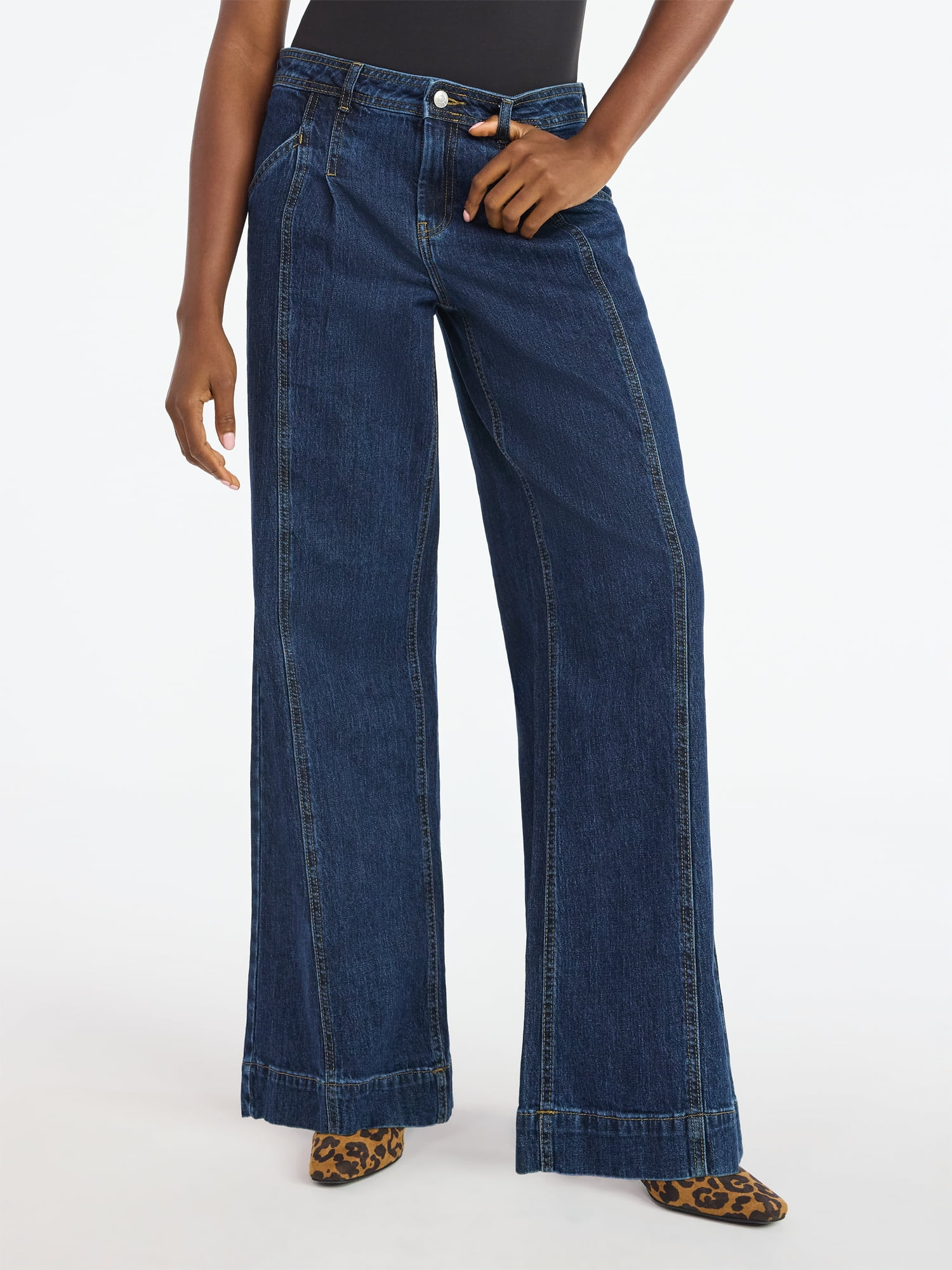 Scoop Women’s Pleated Wide Leg Jeans, Sizes 0-18 | Walmart (US)