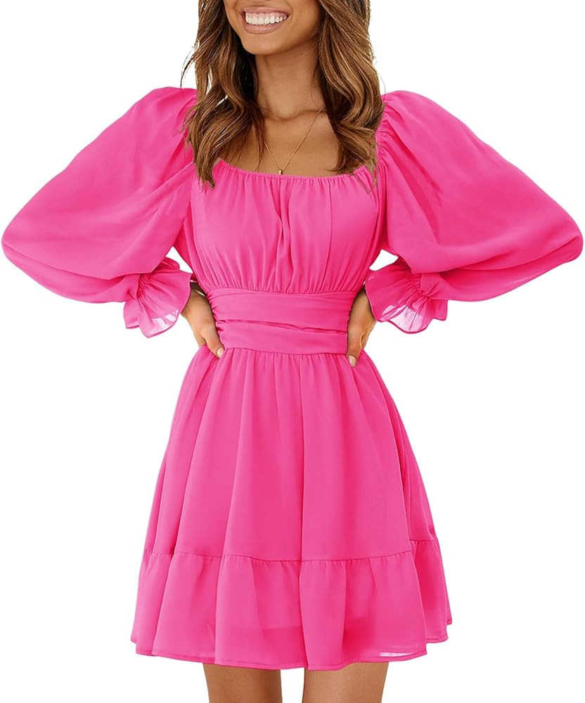 EXLURA Women's 2024 Casual Long Lantern Sleeve Dresses Square Neck Ruffle Tie Back Elastic Waist ... | Amazon (US)