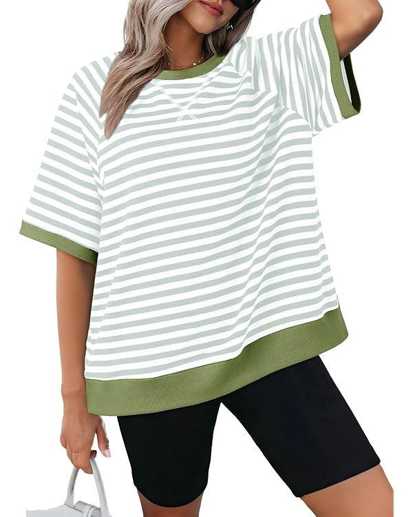 Dokotoo Oversized T Shirts for Women Striped Color Block Crewneck Short Sleeve Casual Summer Tops... | Amazon (US)