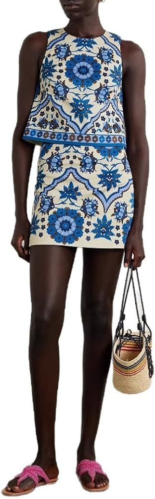 THLAI Women's Floral Tropical Print Two Piece Summer Skirt Sets Sleeveless Vest Top Mini Skirt Va... | Amazon (US)