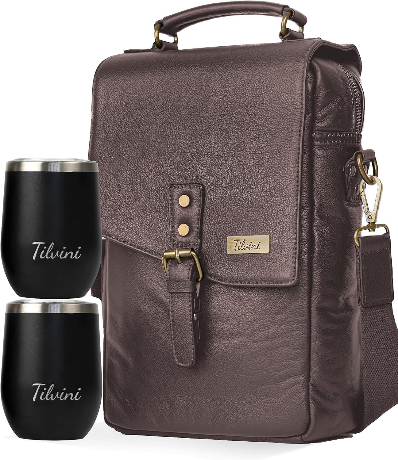 tilvini Insulated Leather Wine Bag & 2 Stainless Steel Wine Tumblers Set. Leather Wine Bottle Car... | Amazon (US)