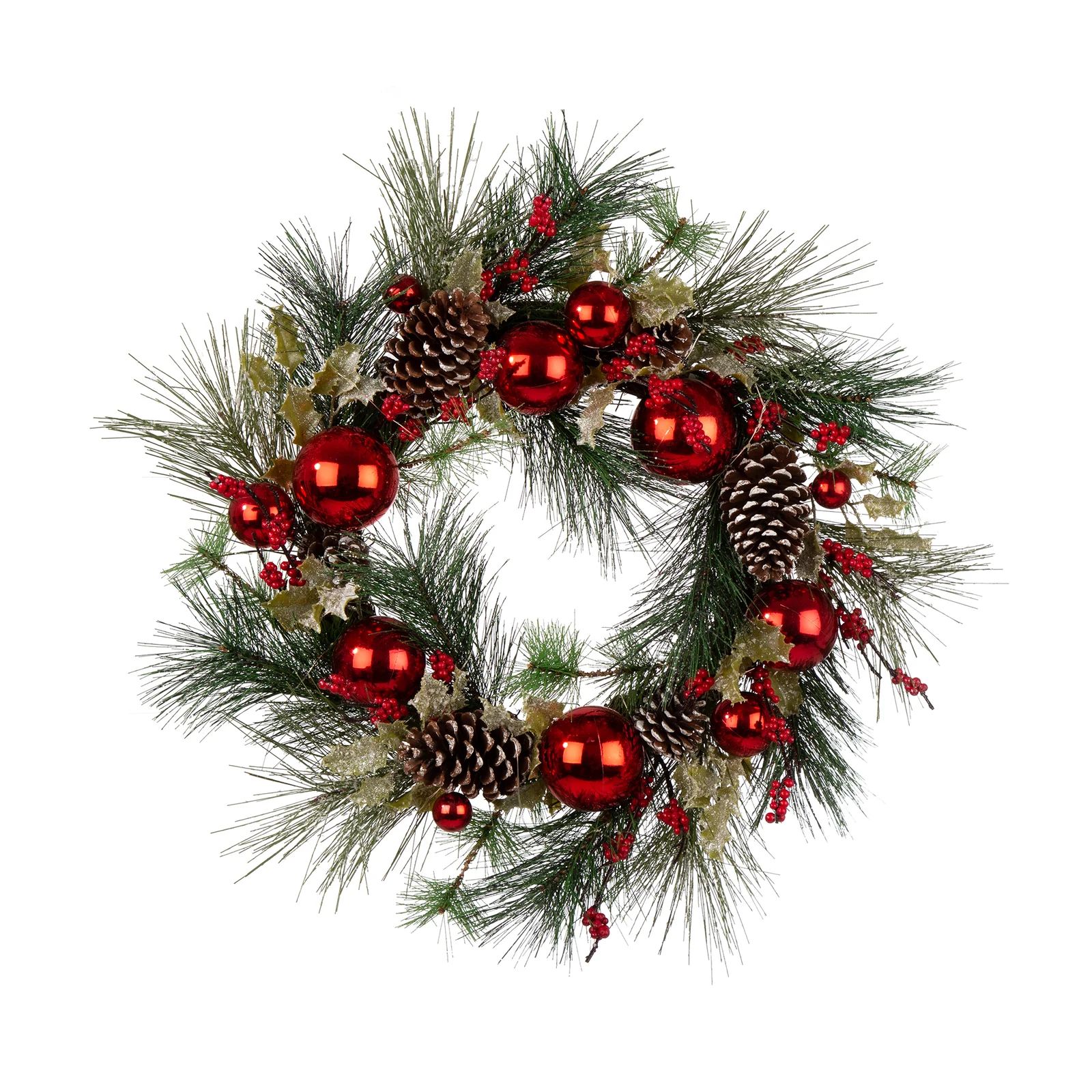 24"D Christmas Lit Frosted Ball Berry Holly Pine Pinecone Wreath With Lights | Wayfair North America