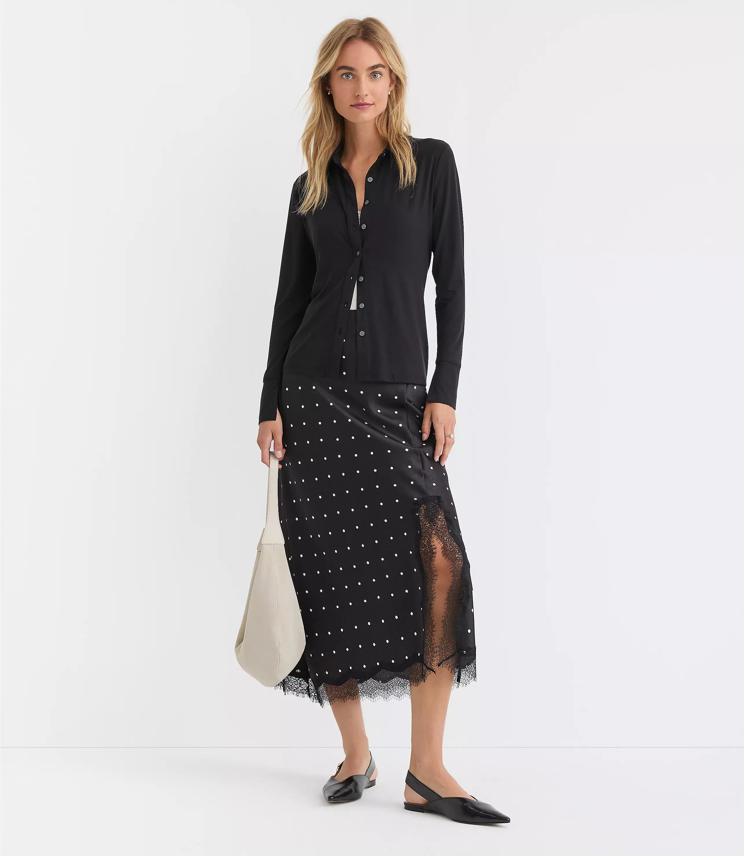 Dotted Lace Trim Satin Bias Midi Skirt | LOFT