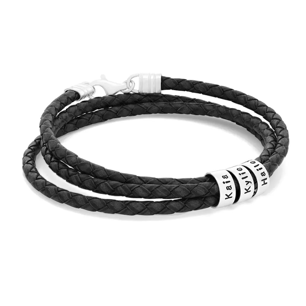 Navigator Braided Leather Bracelet for Men with Custom Beads in Silver | Theo Grace