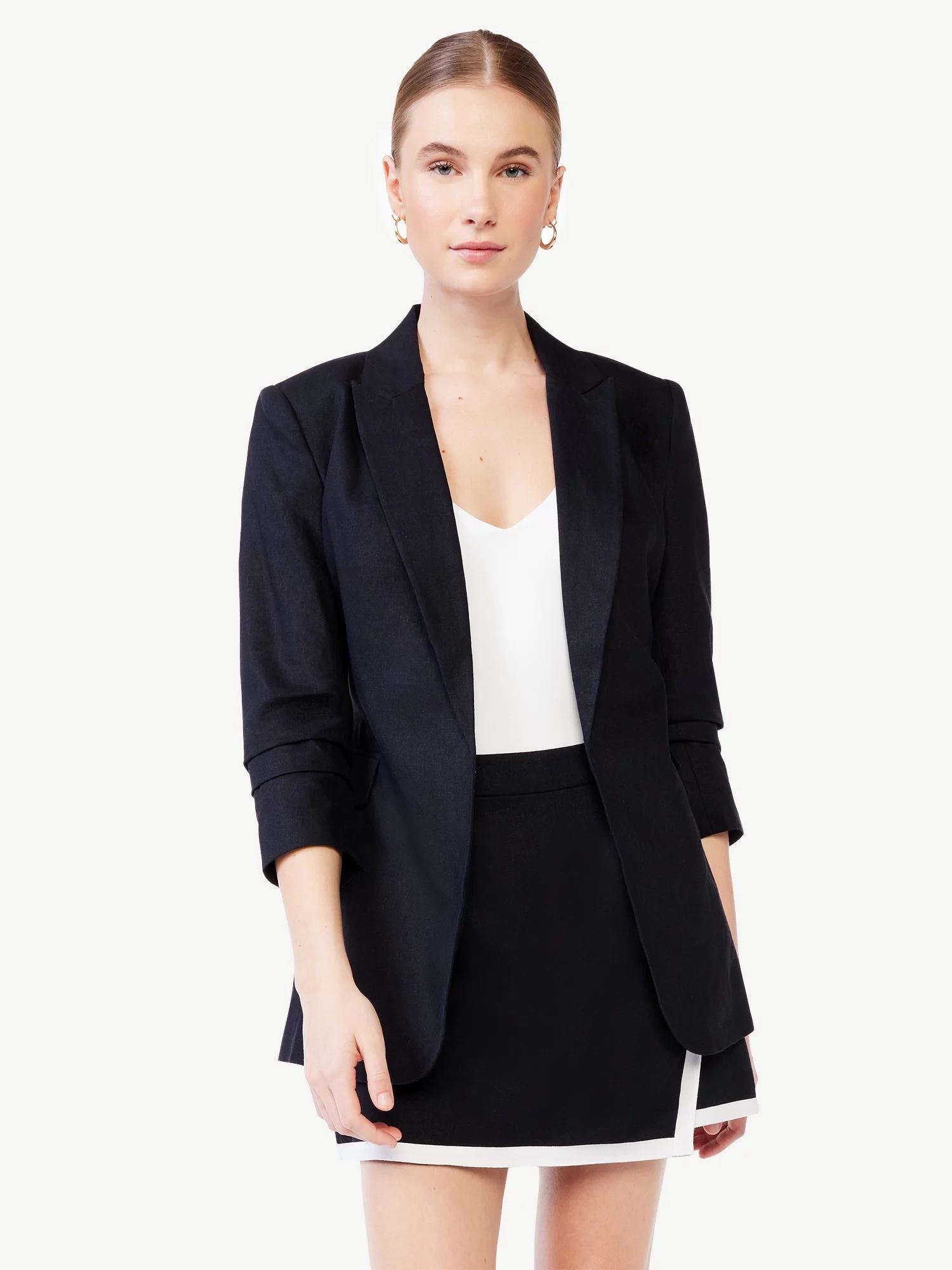 Scoop Women's Linen-Blend Open Front Blazer with 3/4 Scrunch Sleeves - Walmart.com | Walmart (US)