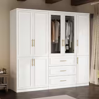 3-Combination White Wood 79.1 in. W 8-Door Big Armoires with Hanging Rods, Drawers, Shelves 74.8 ... | The Home Depot