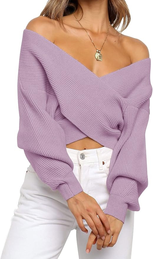 ZCSIA Women's Long Sleeve Wrap V Neck Cross Front Solid Color Casual Loose Knitted Pullover Sweat... | Amazon (US)