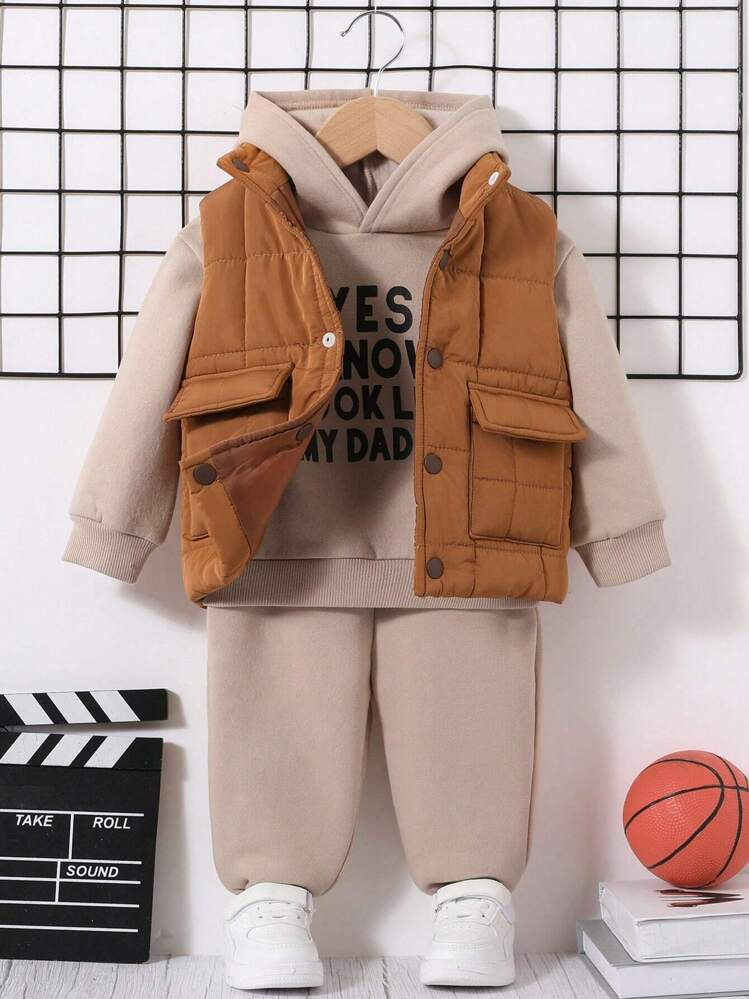 SHEIN Baby Boy Solid Letter Graphic Hoodie & Sweatpants & Flap Pocket Vest Jacket | SHEIN