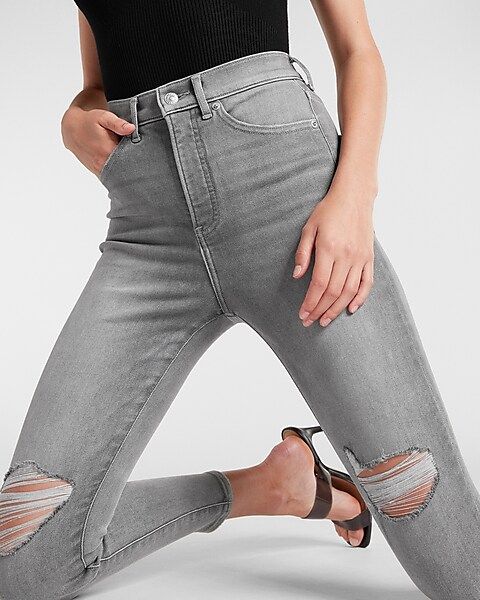 Super High Waisted Grey Ripped Cropped Skinny Jeans | Express