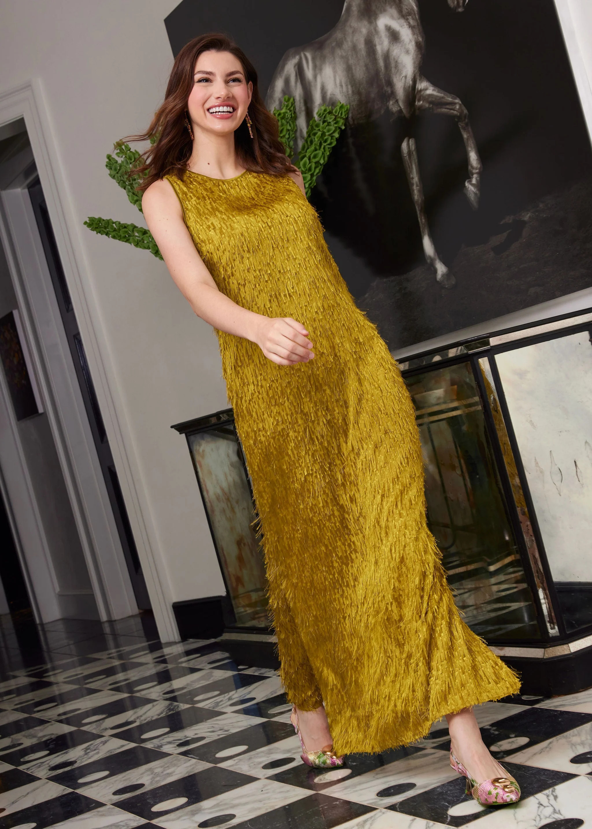 Hannah Dress Golden Olive Fringe Chiffon | Abbey Glass