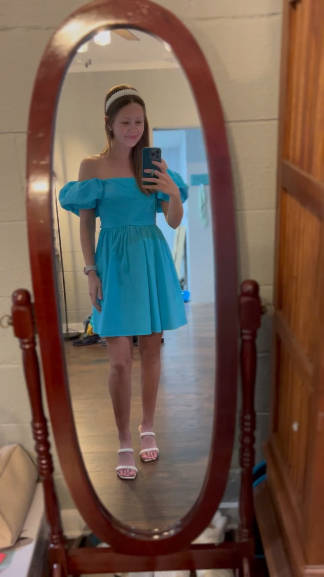 Spring Dress! Beautiful blue dress from Target! I’m wearing an xs! The dress has pockets! It can we worn on or off the shoulder  Pearl heels are also from Target. Size up 1/2 a size-1 size in the shoes! 

Easter dress, Vacation dress, wedding guest dress, spring dress! 

#LTKshoecrush #LTKSeasonal #LTKfit