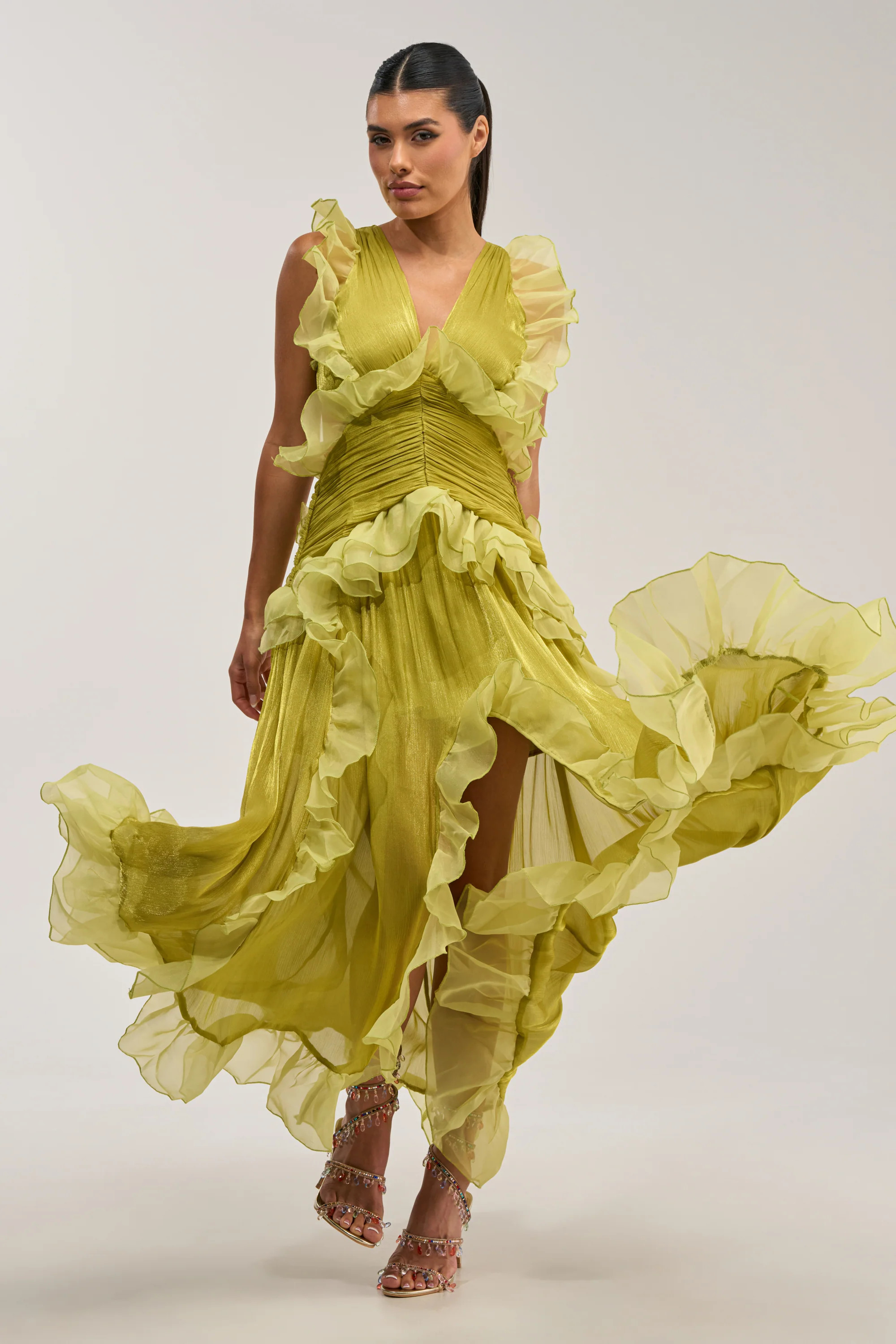 Green Flocked Chiffon Maxi Dress, Formal Gown | AKIRA | AKIRA