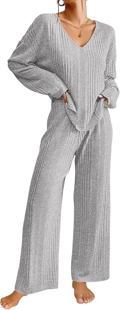 Womens Lounge Set Knit Pajama Sets Long Sleeve Pullover and Long Pants Loose Fit Pj Sets | Amazon (US)