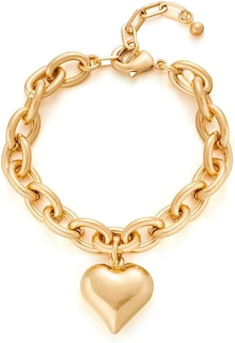Worn Gold Heart Bracelets For Women Chunky Gold Link Bracelets With A Heart Charm Mothers Day Lov... | Amazon (US)