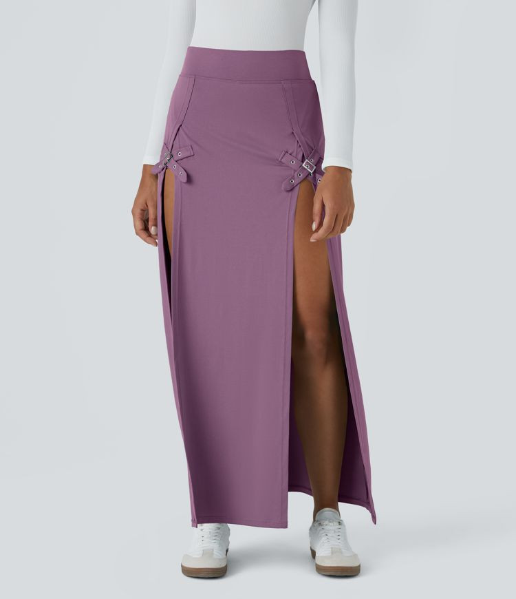 Women’s High Waisted Decorative Buckle Split 2-in-1 Maxi Casual Skirt - Halara | HALARA