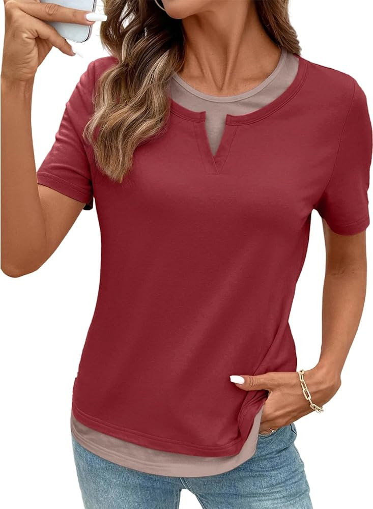 SHEWIN Womens Tops Casual Crewneck Color Block Short Sleeve Mock Double Layer T-Shirt Summer Outf... | Amazon (US)