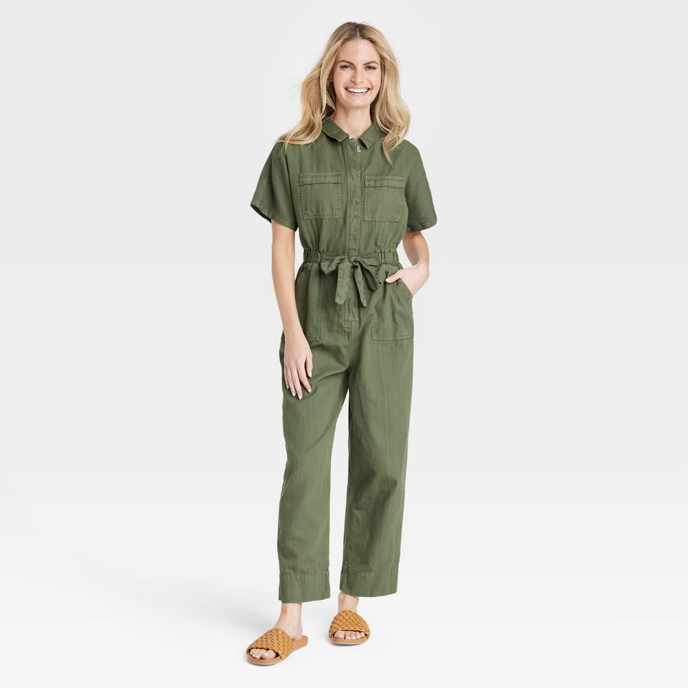 Women's Short Sleeve Button-Front Boilersuit - Universal Thread Olive Green 6 | Target
