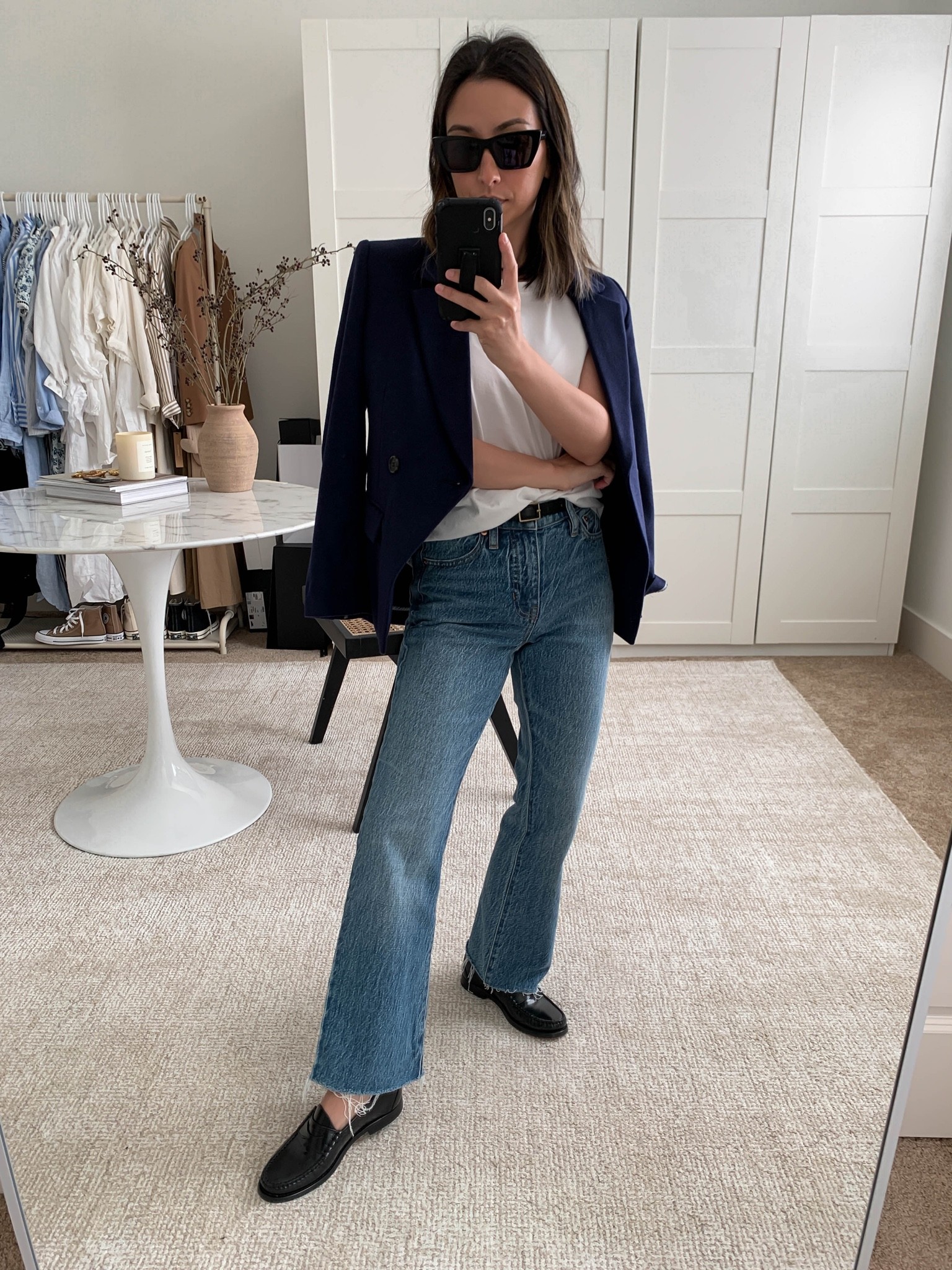 J.crew outfit ideas. New j.crew blazer. Size up for a more roomy fit. 

Blazer - j.crew petite 2
Tee - Everlane medium
Jeans - j.crew petite 24
Loafers - j.crew 5