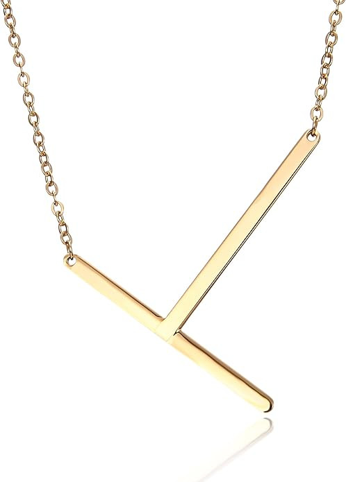 RINHOO Sideways Large Initial Necklace Gold Big Letter Script Name Stainless Steel Pendant Monogr... | Amazon (US)