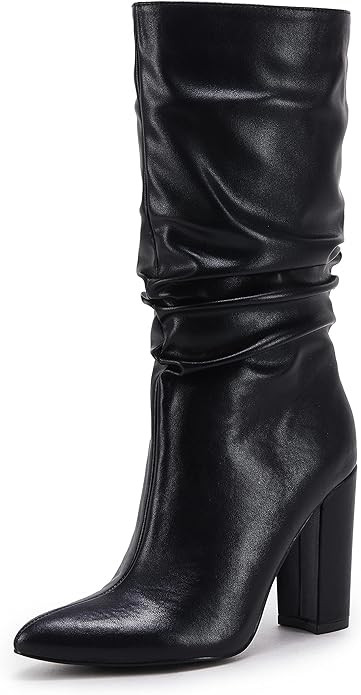 Syktkmx Womens Winter Slouchy High Heel Boots Mid Calf Suede Slip on Chunky Block Pointed Toe Boo... | Amazon (US)