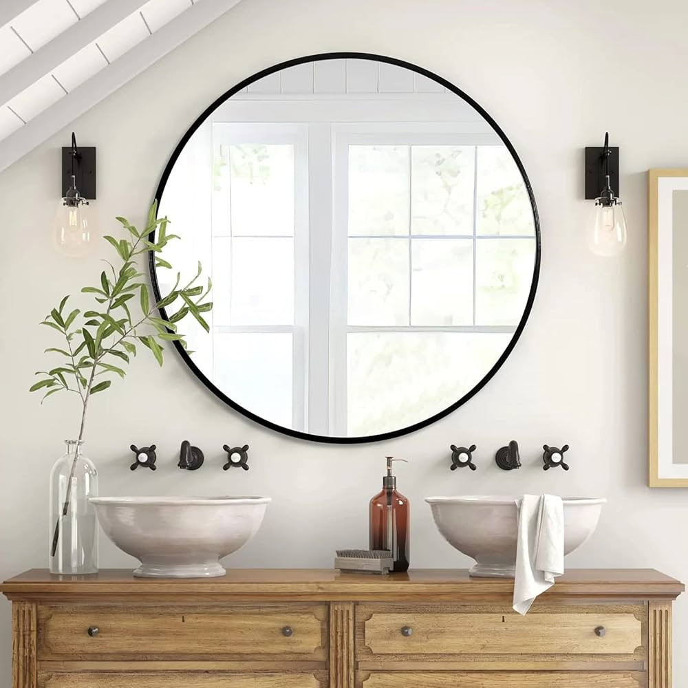 AULESET 42" Round Mirror, Black Wall Mirror Large Circle Mirror Decor for Bedroom, Washrooms, Liv... | Amazon (US)