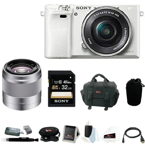 Sony Alpha a6000 24.3 Megapixel Mirrorless Digital Camera with Sony 50mm Lens and Sony 32GB SDHC Accessory Bundle (White) | Bed Bath & Beyond