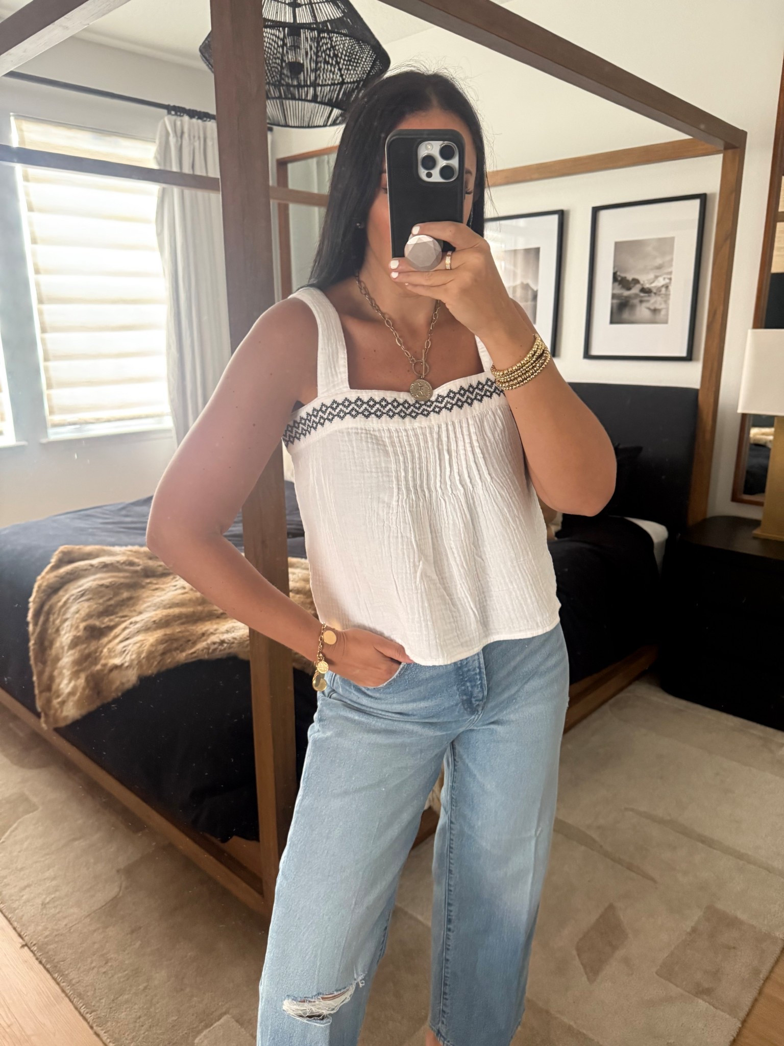 High Waisted Light Wash Ripped Wide Leg Ankle Jeans. Gauze Pattern Square Neck Tank
