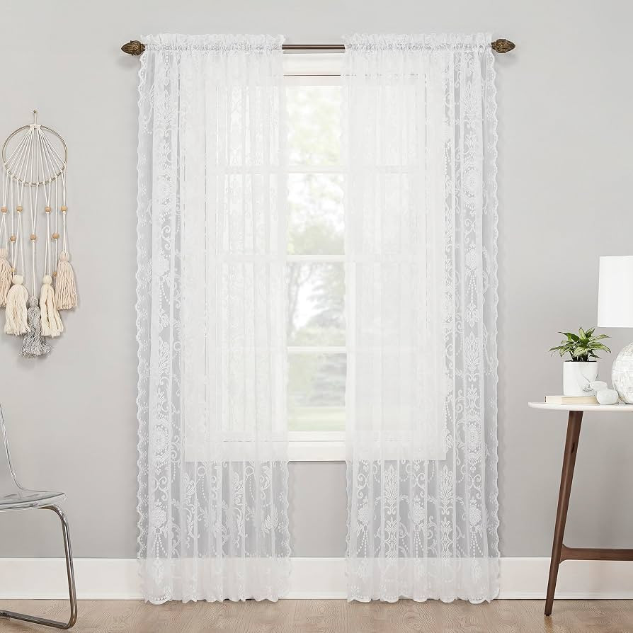 No. 918 Ariella Floral Lace Rod Pocket Curtain Panel, 58" x 63", White | Amazon (US)